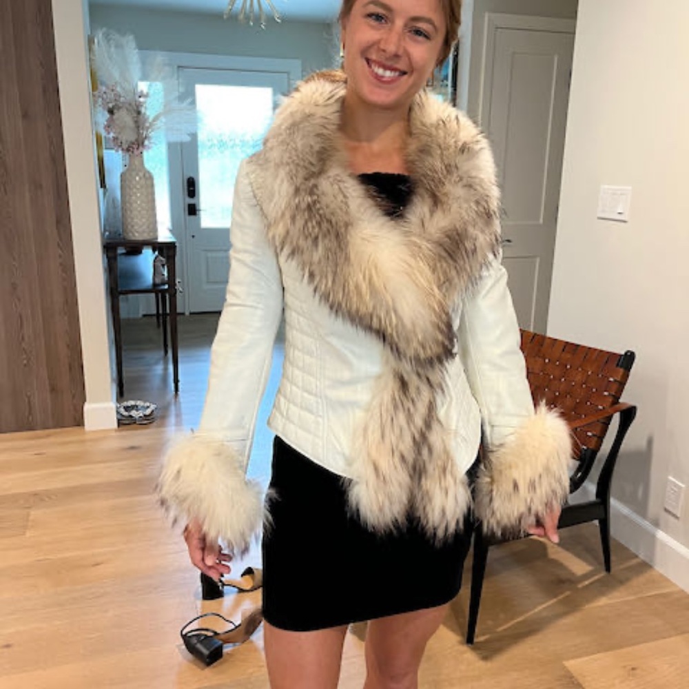 Leather Jacket with white fox fur trim and collar